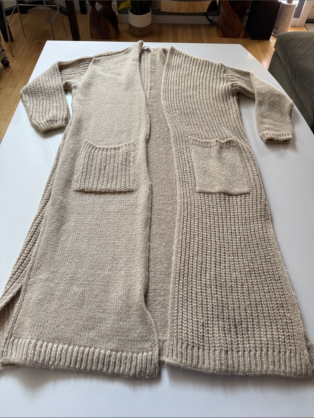 Topshop Longline Chunky Beige Long Knit Open Cardigan Sweater Duster